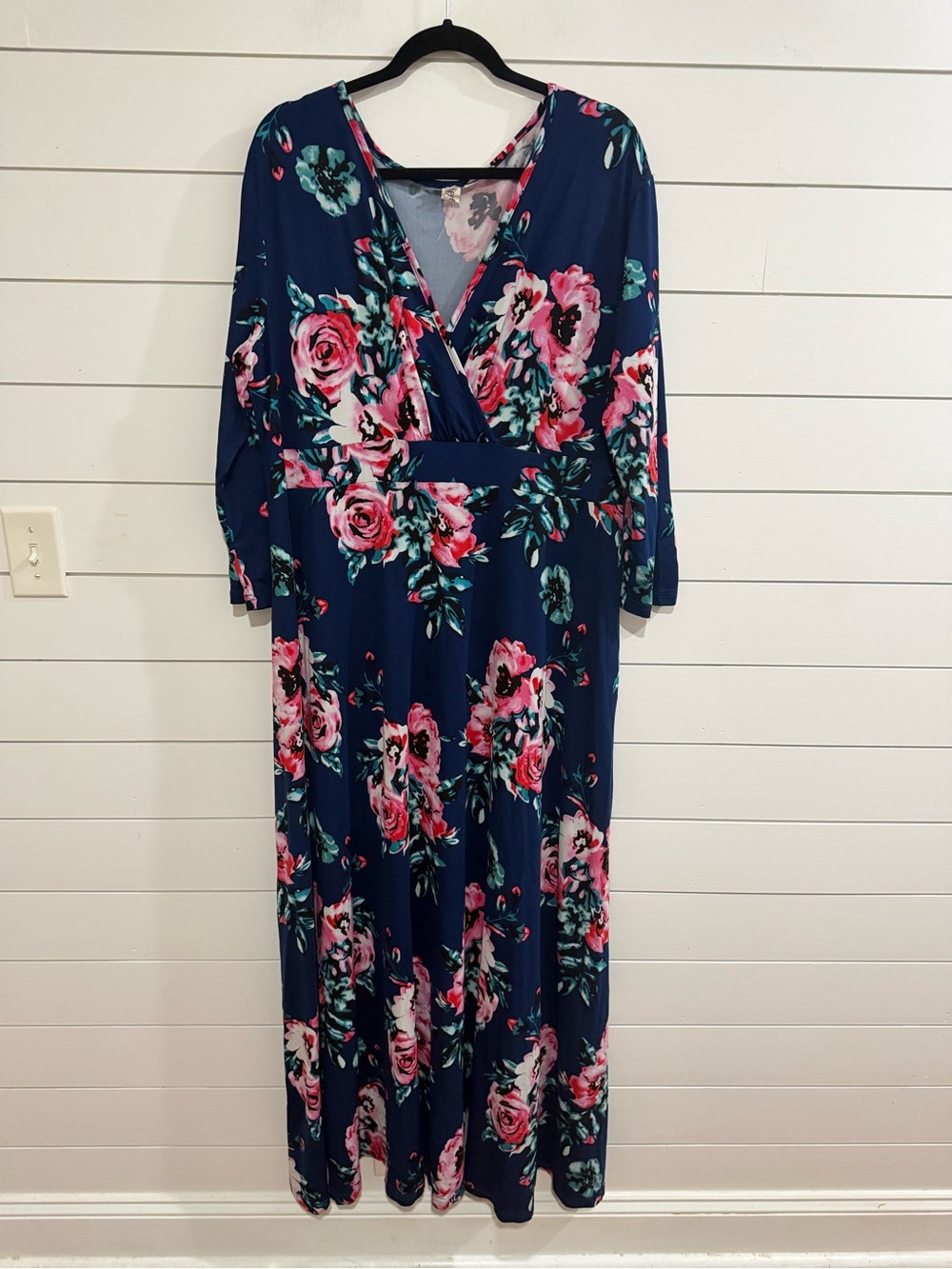 Navy Floral Wrap-Style Maxi Dress with Pink Rose Print